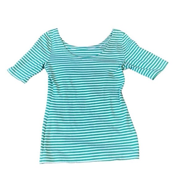 Banana Republic Green & White Striped Tee Top Half-Sleeve Boat Neck Sz M #113T - Picture 2 of 8